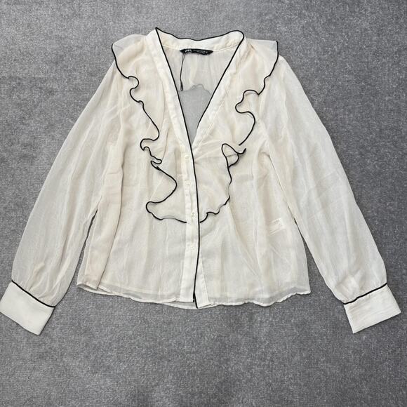 Zara Tops - Zara Shirt Womens Medium Cream Sheer Ruffle Button Front Long Sleeve V Neck